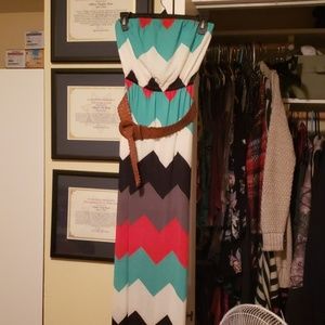 Floor length, strapless dress with belt